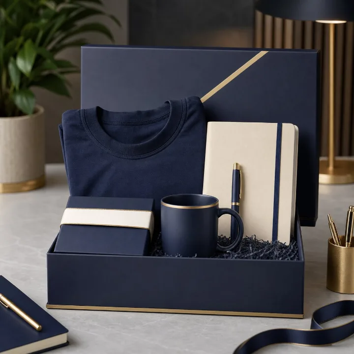 Kit de brindes corporativos personalizado com caixa, caneca e caderno